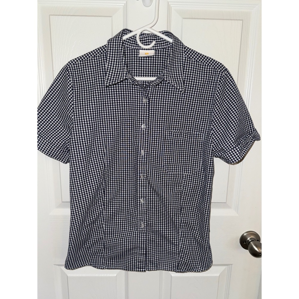 Dennis Uniform Navy White Gingham Check Button Down Shirt Juniors 13 4257A
